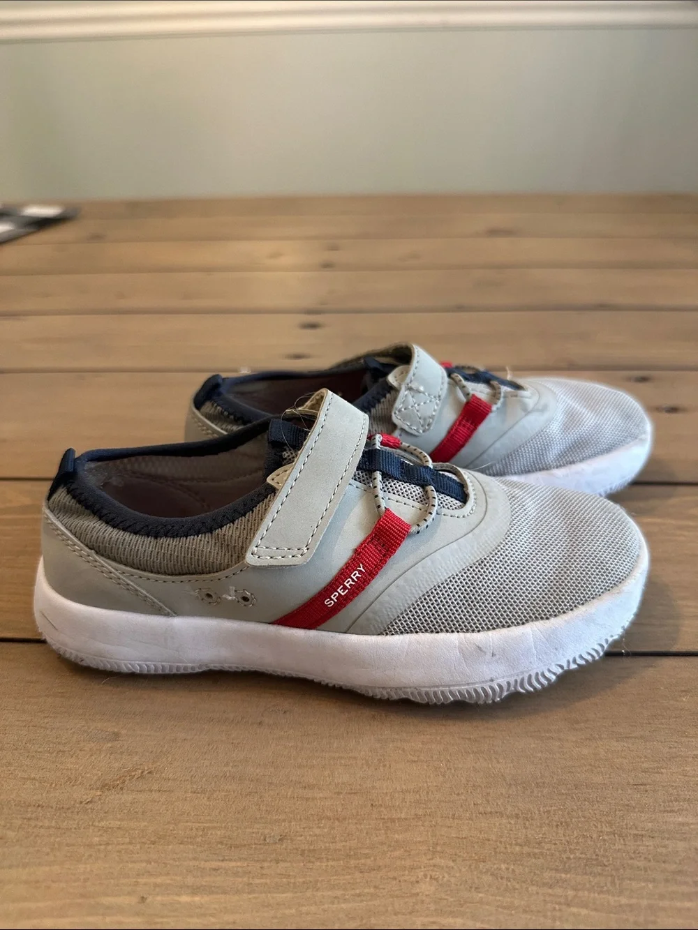 Sperry Kids Light Gray and Navy Water Shoes with Red Accent